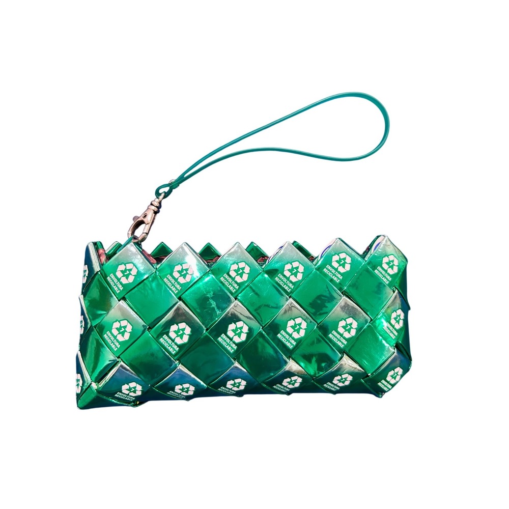 Ecoist Recycled Candy Wrapper Woven Wristlet Clutch Bag Metallic Green Eco